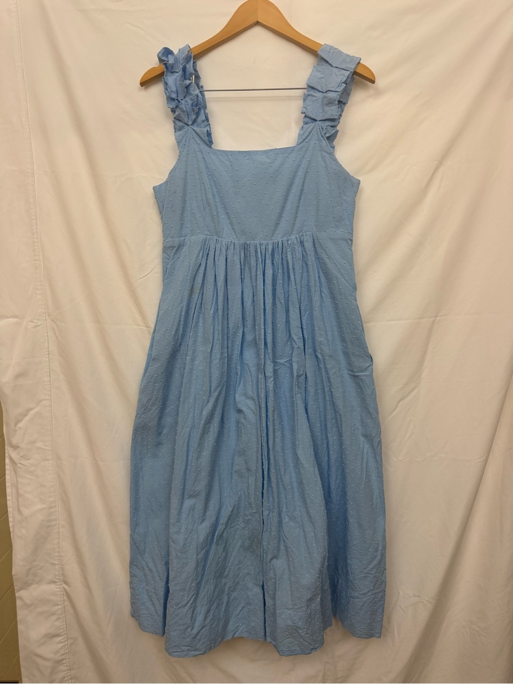 LAKE Lolly Dress Morning Blue Swiss Dot Ruffle Strap Midi Dress